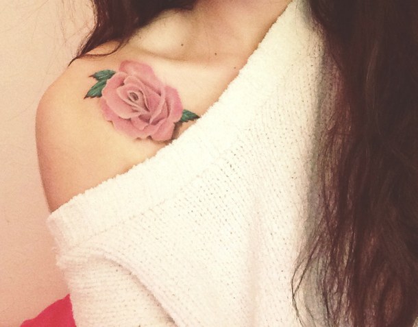 Pink Rose Tattoo On Girl Collarbone