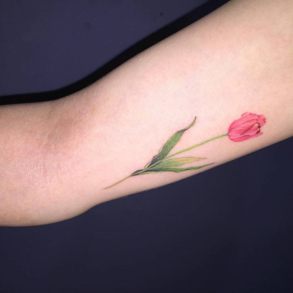 Pink Tulip Flower Tattoo On Half Sleeve