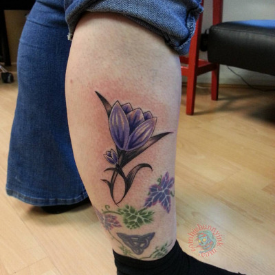 Purple Tulip Flower Tattoo On Right Leg Calf