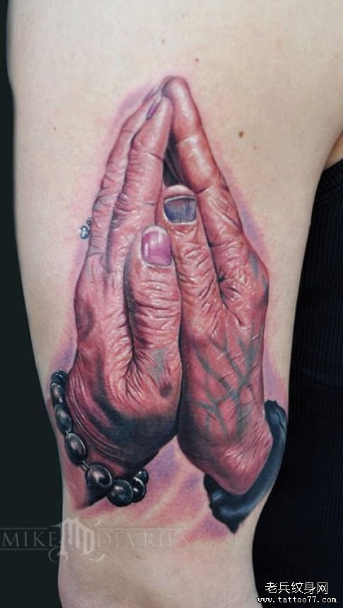 Realistic Praying Hands Tattoo On Half Sleeve
