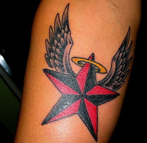 Red And Black Nautical Star With Flying Wings Tattoo Design