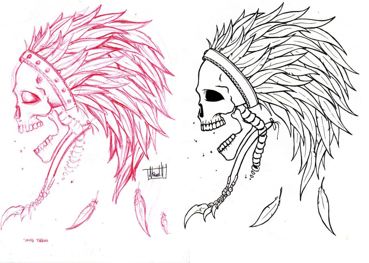 Red And Black Two Indian Native Skull Tattoo Stencil
