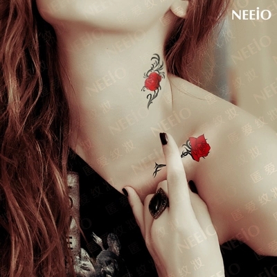 Red Rose Tattoo On Girl Neck And Collarbone