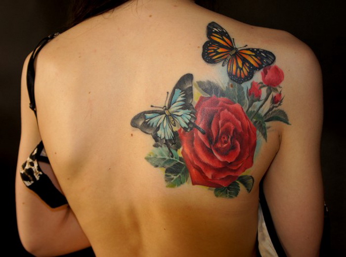 Red Rose With Butterflies Tattoo On Girl Right Back Shoulder