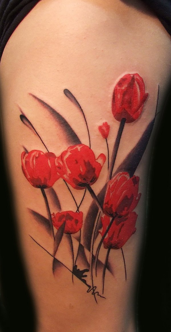 Red Tulip Flowers Tattoo Design For Thigh