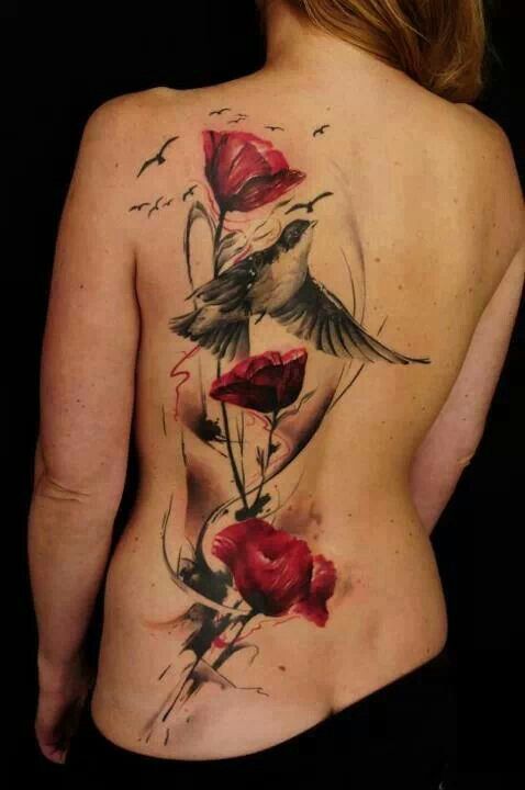 Red Watercolor Three Tulip Flower With Flying Bird Tattoo On Girl Full Back