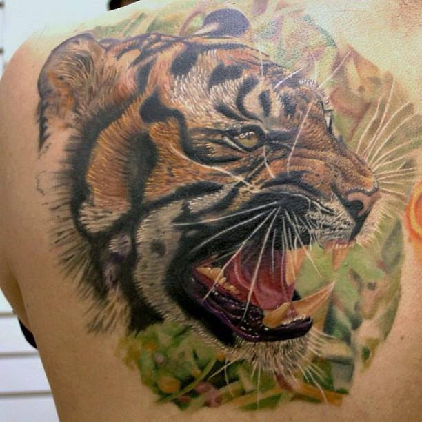 Realistic Roaring Tiger Tattoo on Back by Rember orellana