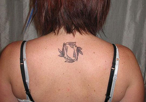 Simple Black Pisces Tattoo On Girl Upper Back