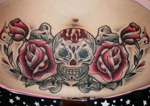 Skull With Red Roses Tattoo On Stomach