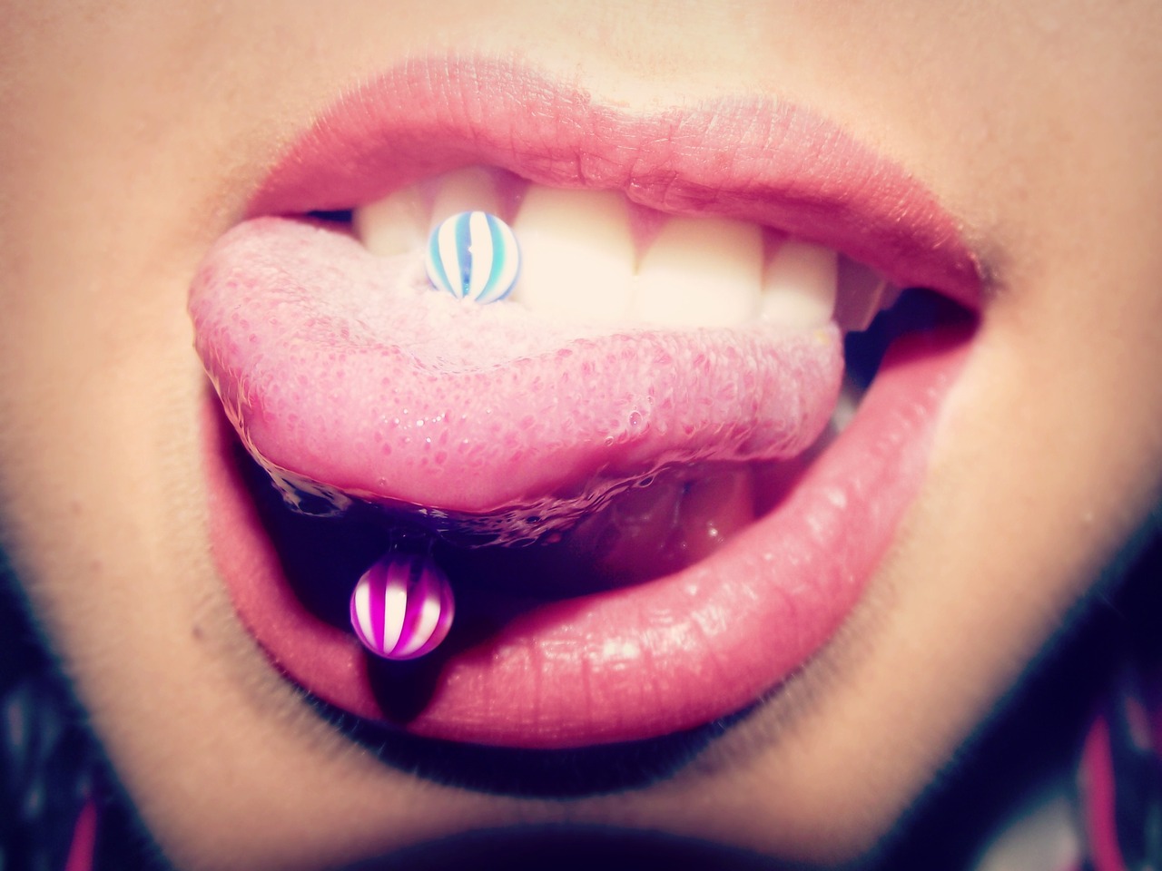 Tongue Piercing With Colorful Barbell