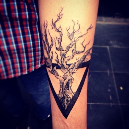 Tree Without Leaves In Prism Tattoo Design For Forearm