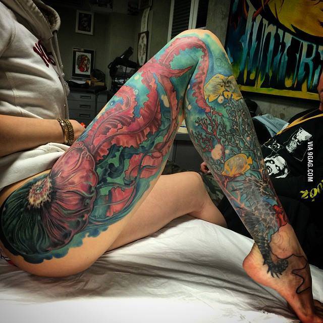 Under Water Sea Creature Tattoo On Girl Full Leg