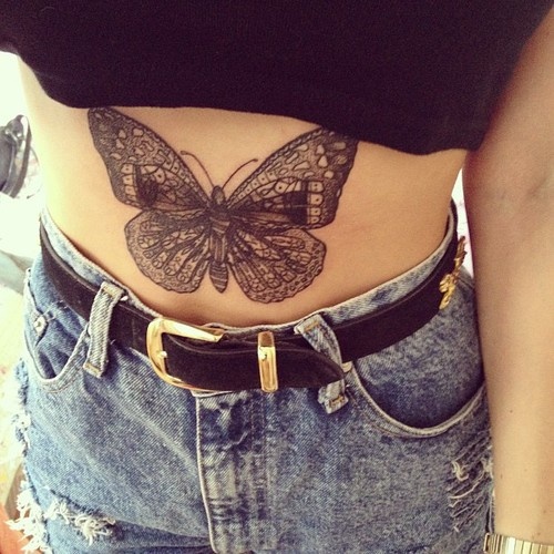 Unique Black Butterfly Tattoo On Stomach