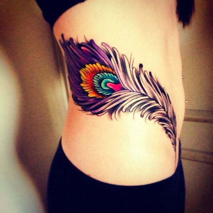 Unique Colorful Peacock Feather Tattoo On Girl Side Rib