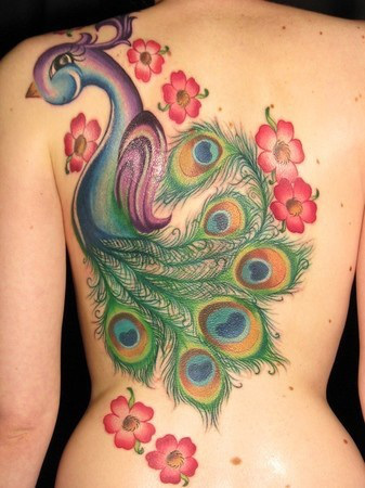 Unique Colorful Peacock With Flowers Tattoo On Girl Full Back