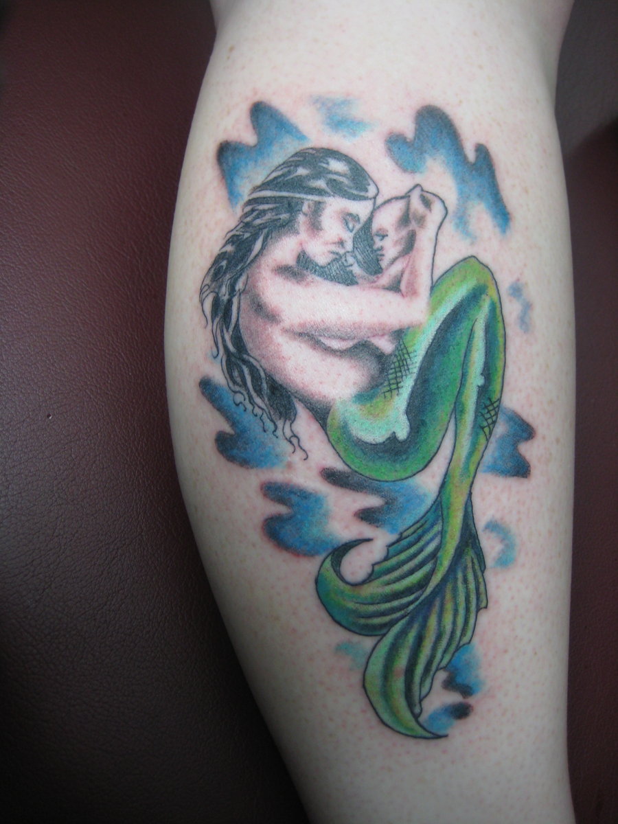 Unique Green Mermaid Tattoo On Leg Calf