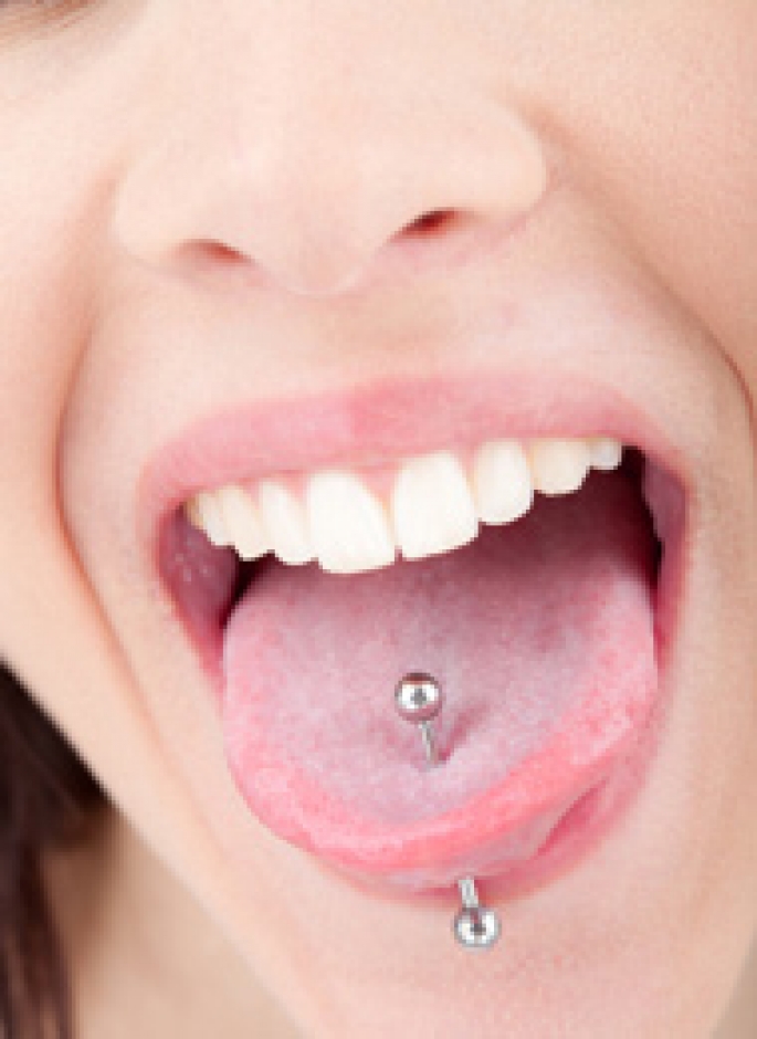 Vertical Silver Barbell Tongue Piercing For Girls