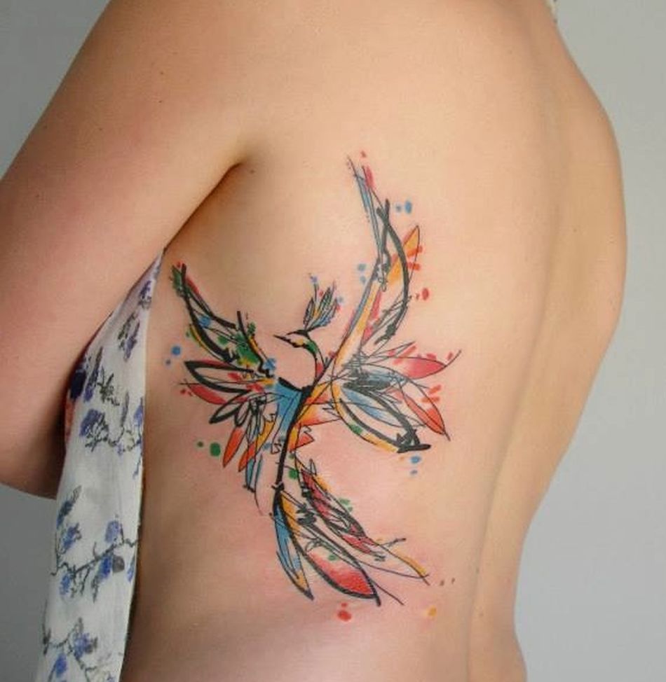 Watercolor Geometric Bird Tattoo On Girl Side Rib
