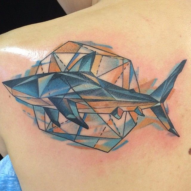 Watercolor Geometric Shark Tattoo On Man Left Back Shoulder