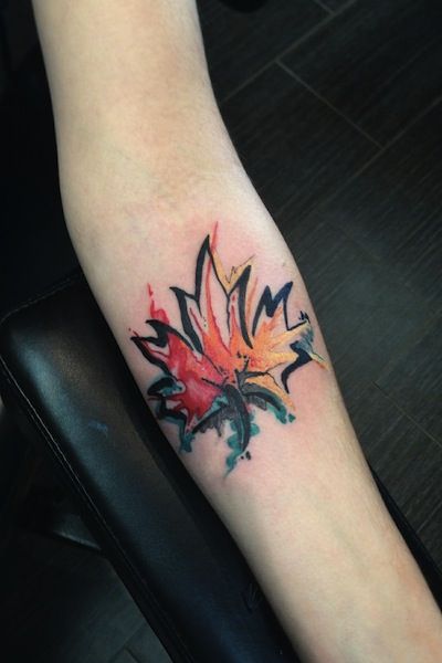 Watercolor Maple Leaf Tattoo On Forearm By Adam