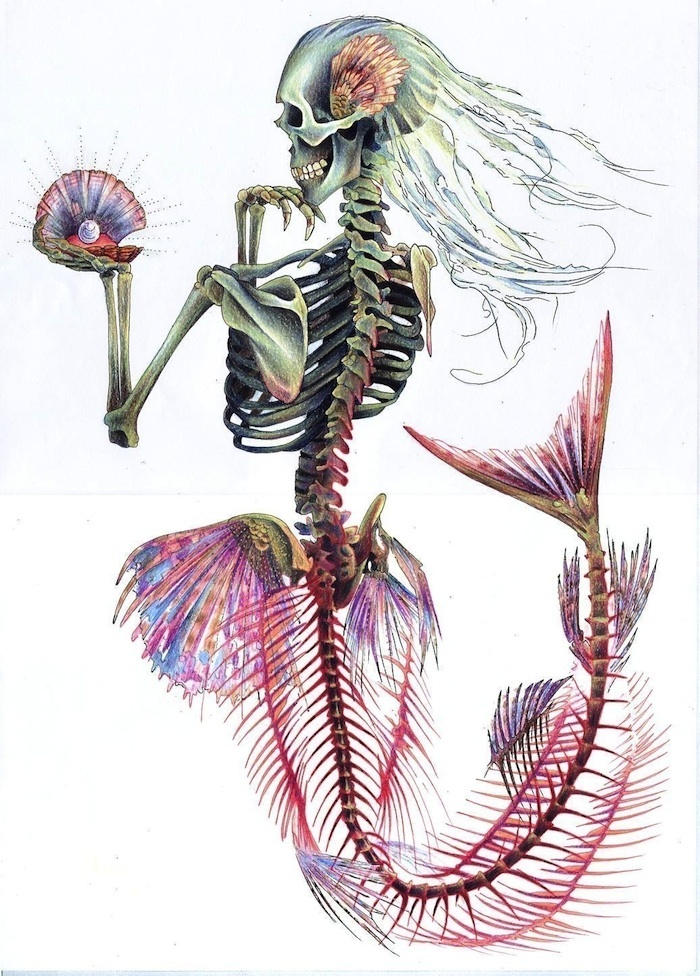 Watercolor Mermaid Skeleton Tattoo Design