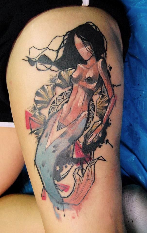 Watercolor Mermaid Tattoo On Thigh