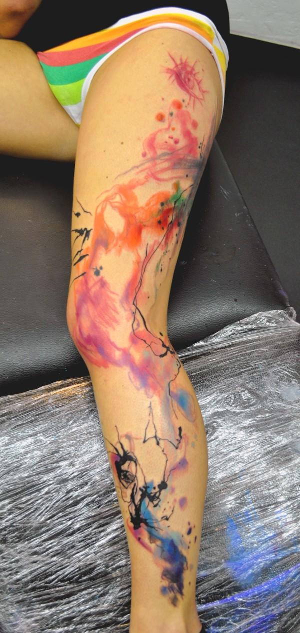Watercolor Painting Tattoo On Girl Full Leg