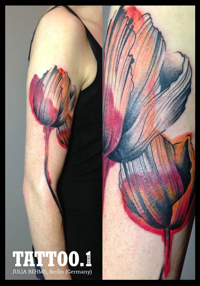 Watercolor Tulip Tattoo On Half Sleeve