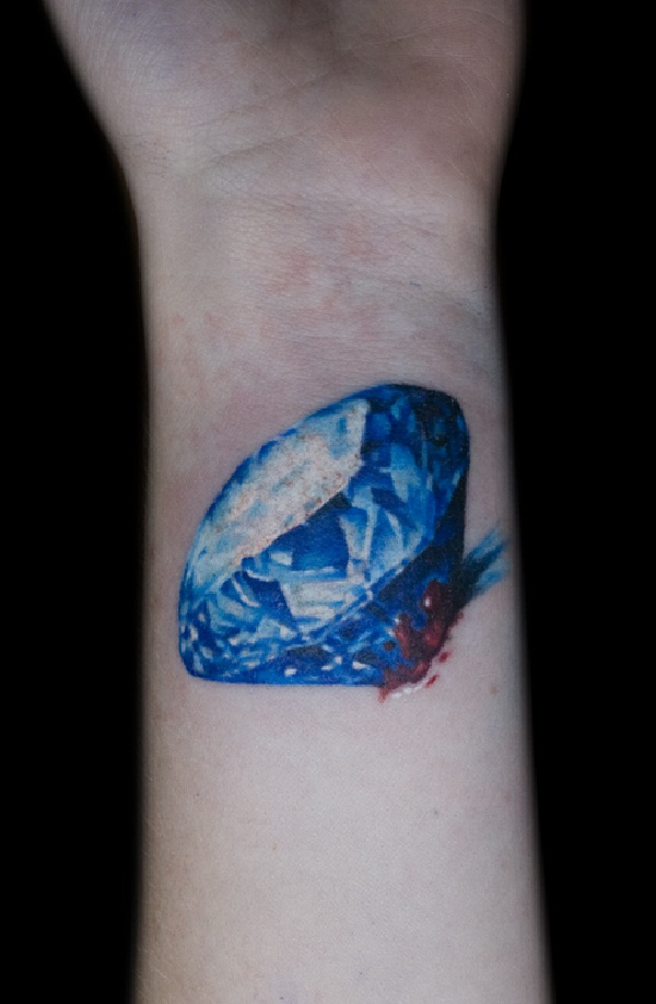 3D Blue Ink Diamond Tattoo On Wrist