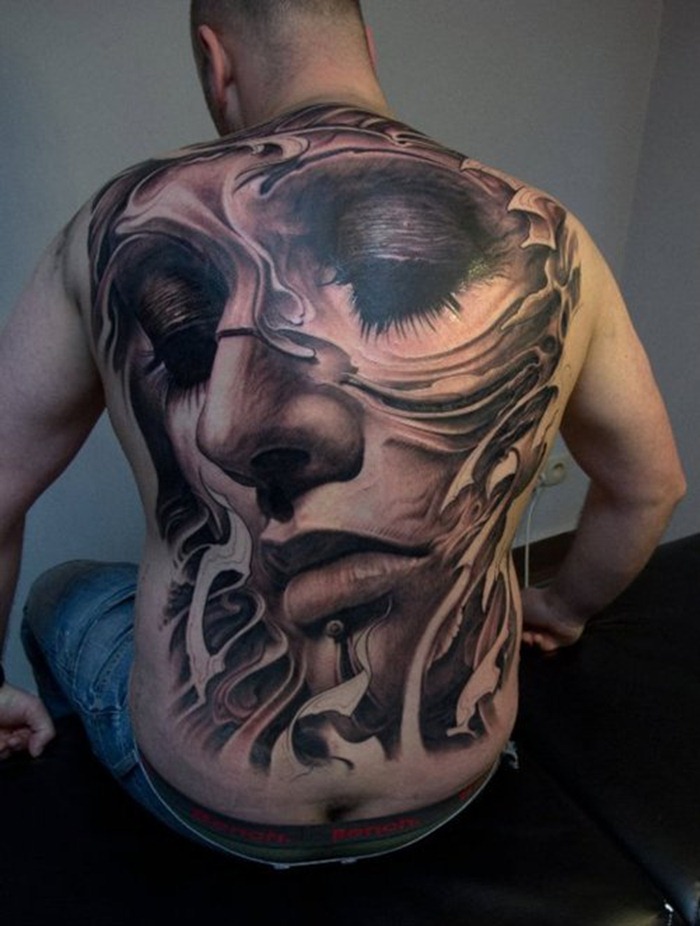 3D Girl Face Tattoo On Man Full Back