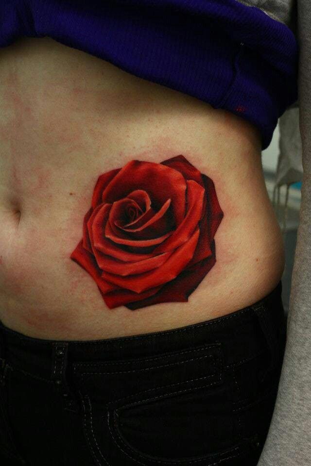 3D Red Rose Tattoo On Stomach