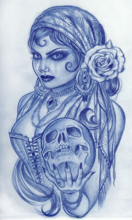 3D Skull On Gypsy Hand Tattoo Design