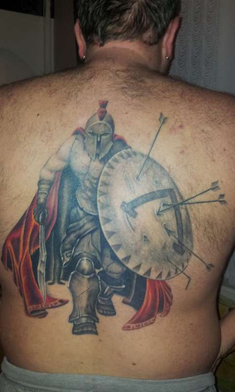3D Spartan Warrior With Shield Tattoo On Man Full Back