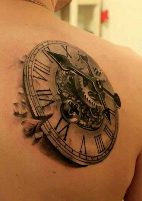 Amazing Black And Grey 3D Clock Tattoo On Right Back Shoulder