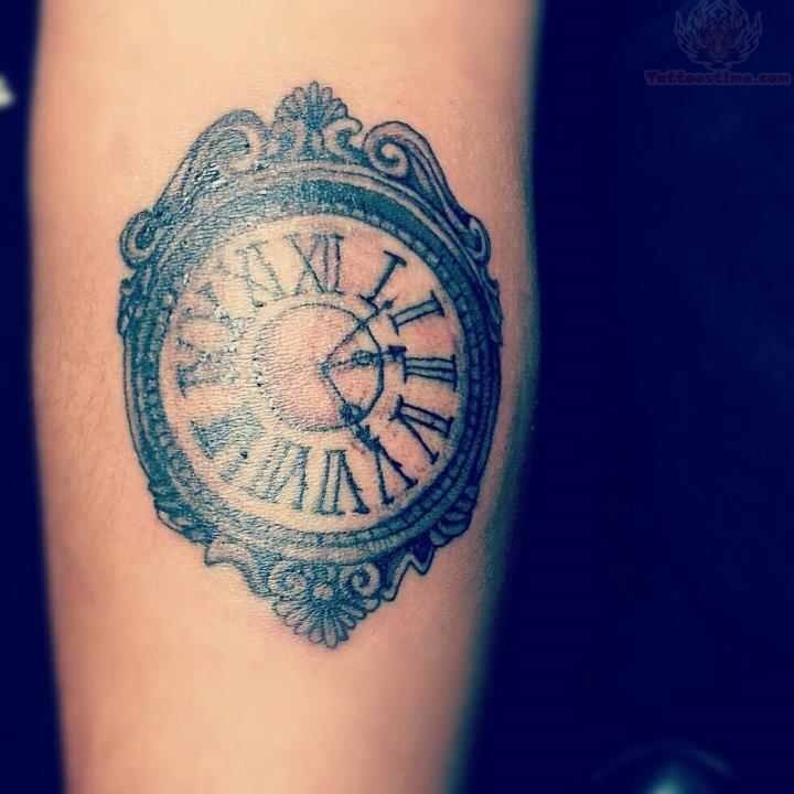 Amazing Black And Grey Clock Tattoo Design For Forearm