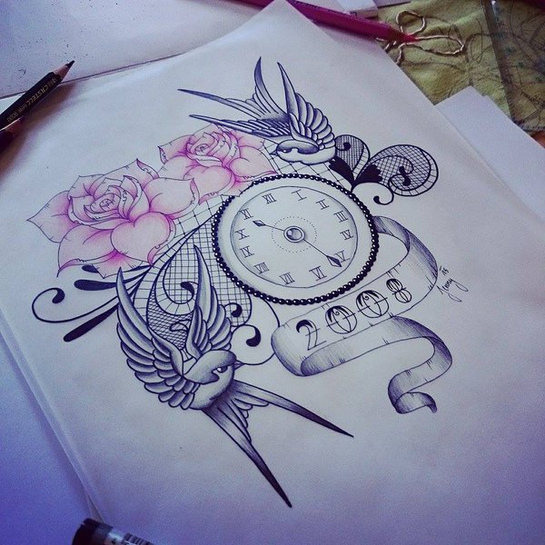 Amazing Clock With Flying Birds And Banner Tattoo Design