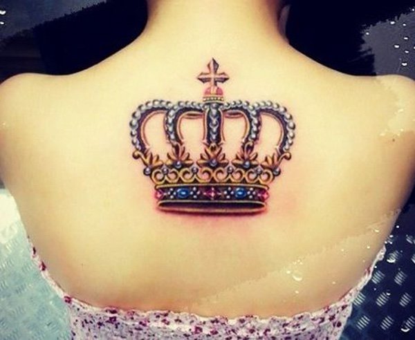 Amazing Colorful Crown Tattoo On Girl Upper Back
