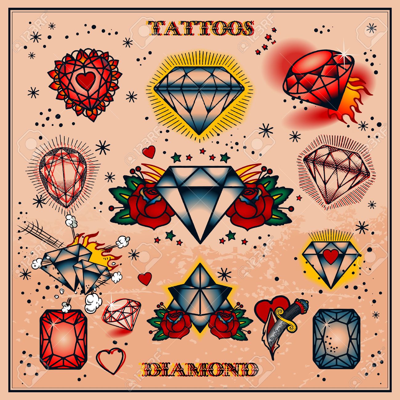Amazing Colorful Diamond Tattoo Flash