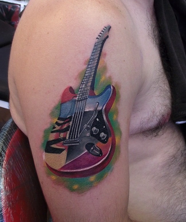 Amazing Colorful Guitar Tattoo On Shoulder