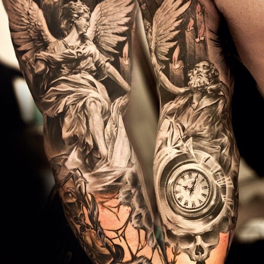 Amazing Grey Ink 3D Statue Tattoo Design For Full Sleeve