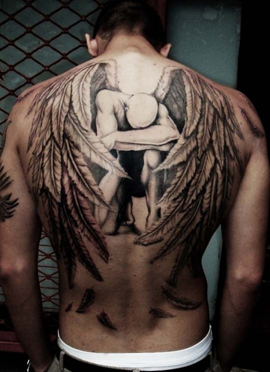 Amazing Grey Ink Angle Tattoo On Man Full Back