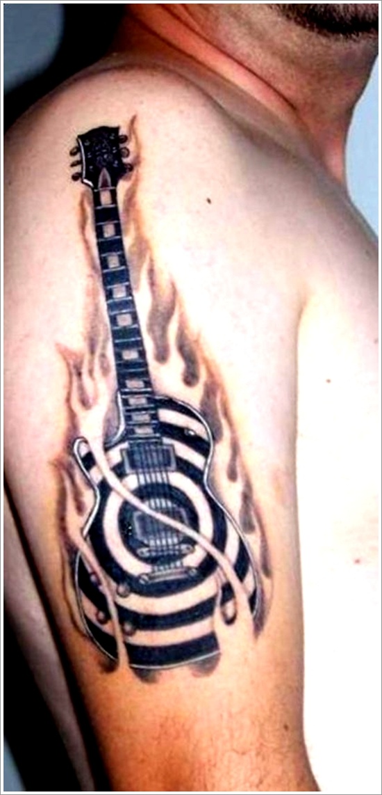 Amazing Guitar In Flame Tattoo On Man Right Half Sleeve