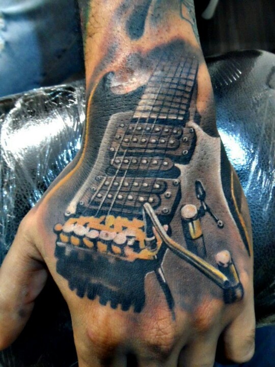 Amazing Guitar Tattoo On Hand