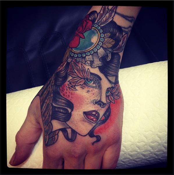 Amazing Gypsy Face Tattoo On Hand