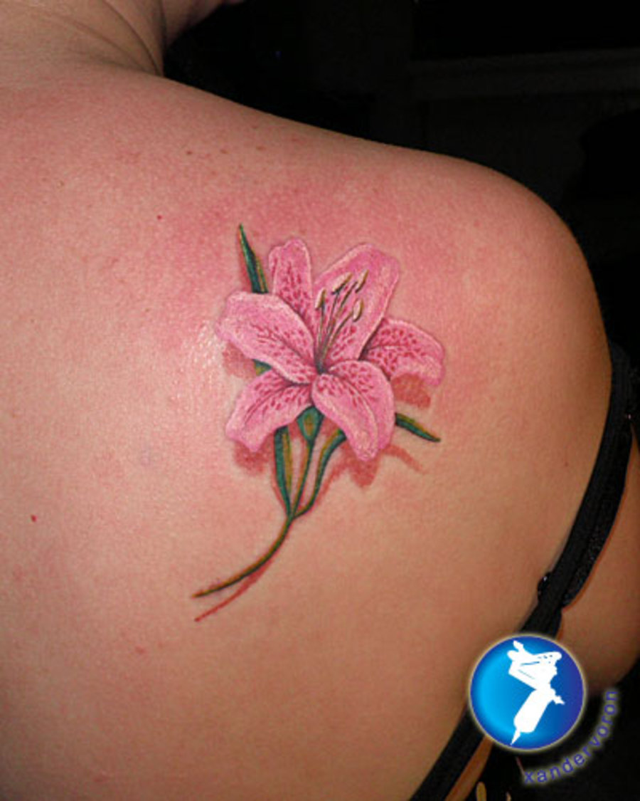 Amazing Pink Lily Flowers Tattoo On Right Back Shoulder