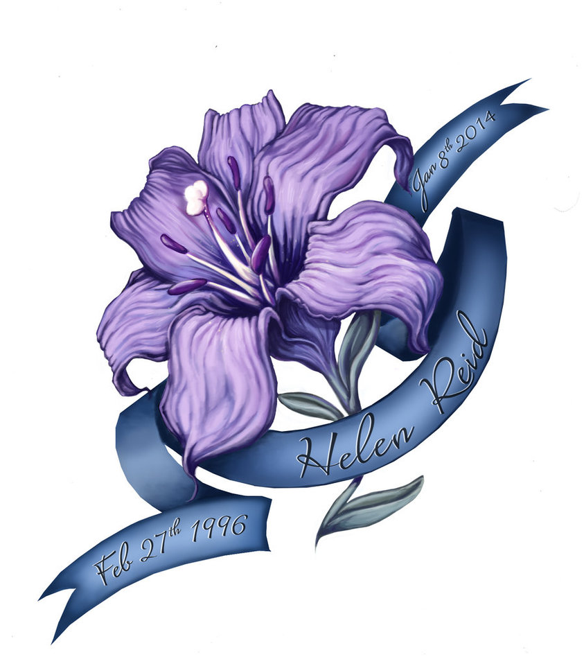 Amazing Purple Lily With Banner Tattoo Design By Laura