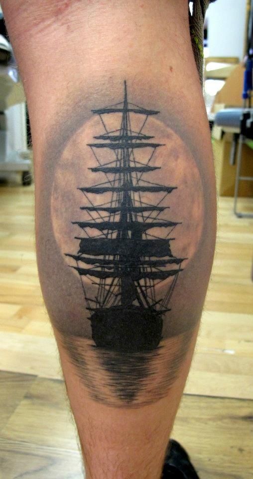 Amazing Ship With Full Moon Tattoo On Leg Calf