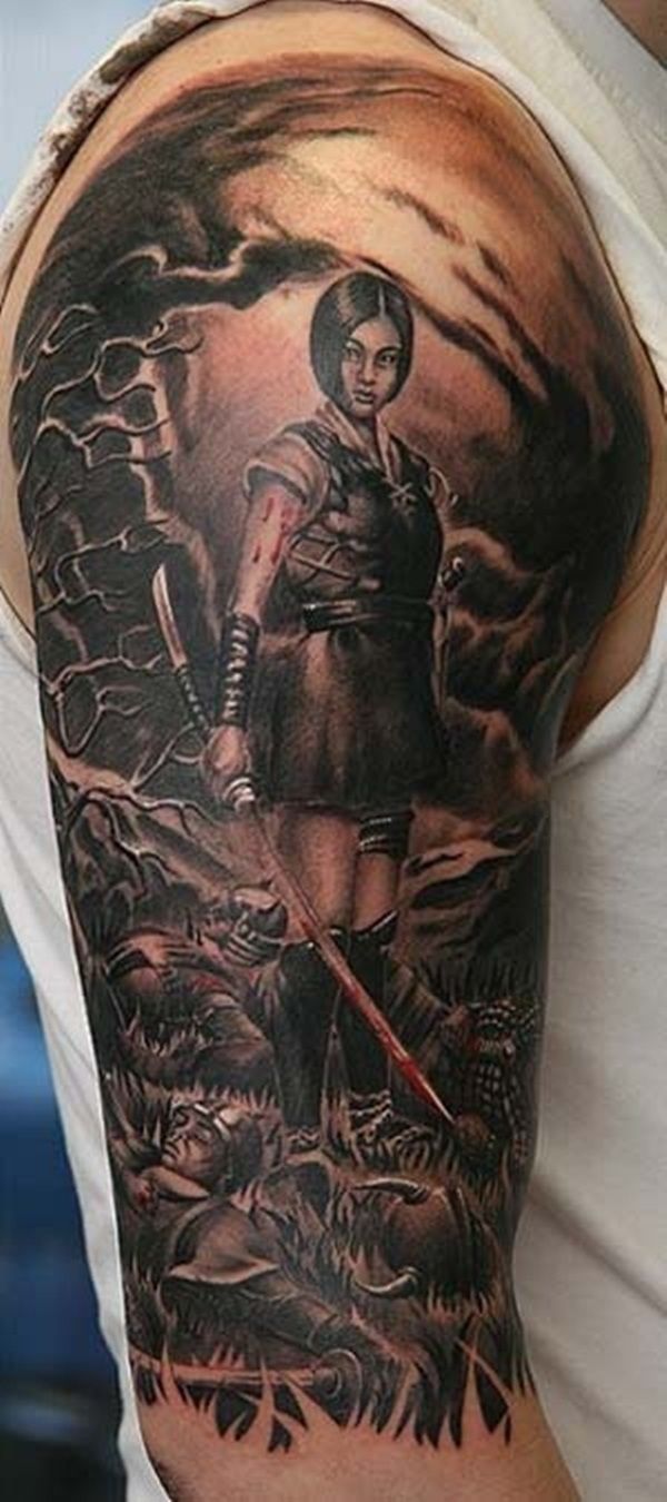 Amazing Warrior Girl Tattoo On Right Half Sleeve