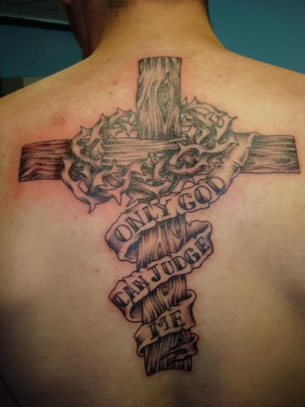 Amazing Wooden Cross With Banner Tattoo On Man Upper Back