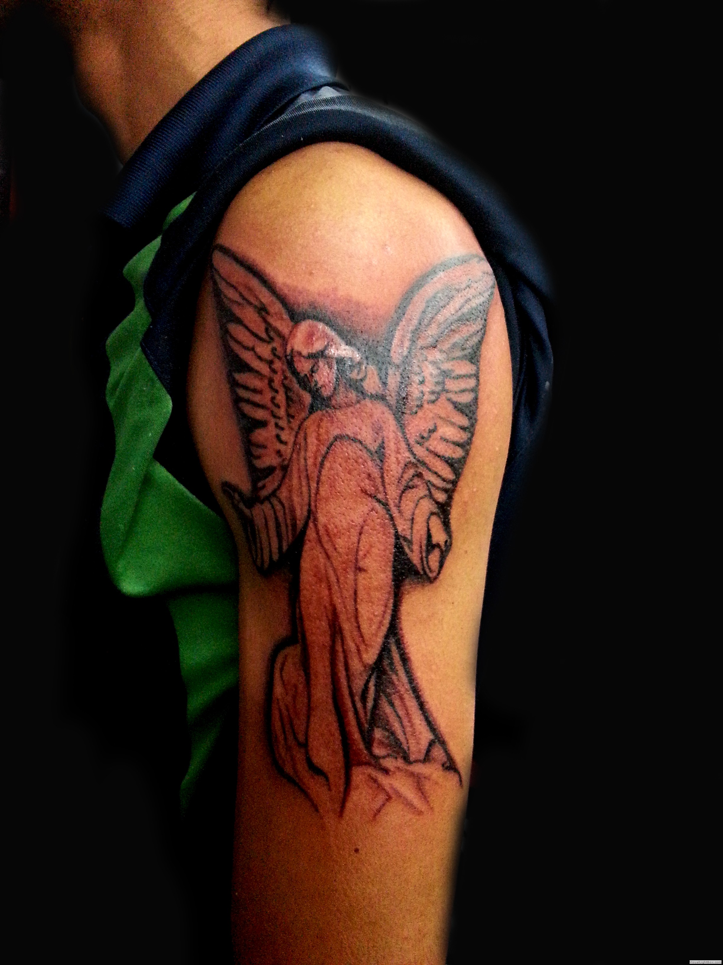 Angel Statue Tattoo On Left Shoulder